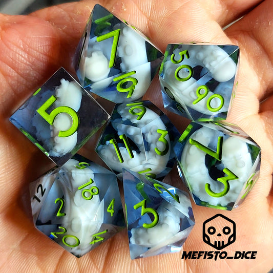 Dice set with white tentacles inside and green numbers for play dnd , dungeons and dragons and Call of Cthulhu