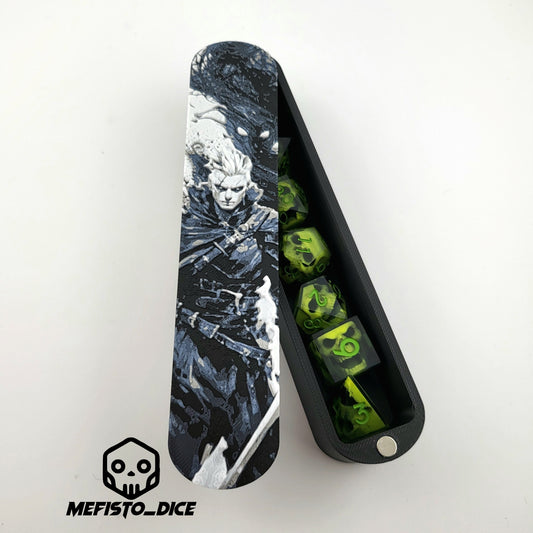 Magnetic D&D dice box featuring a dark fantasy warlock illustration