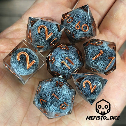 Dice set with moon inside and bronze numbers for play dnd , dungeons and dragons