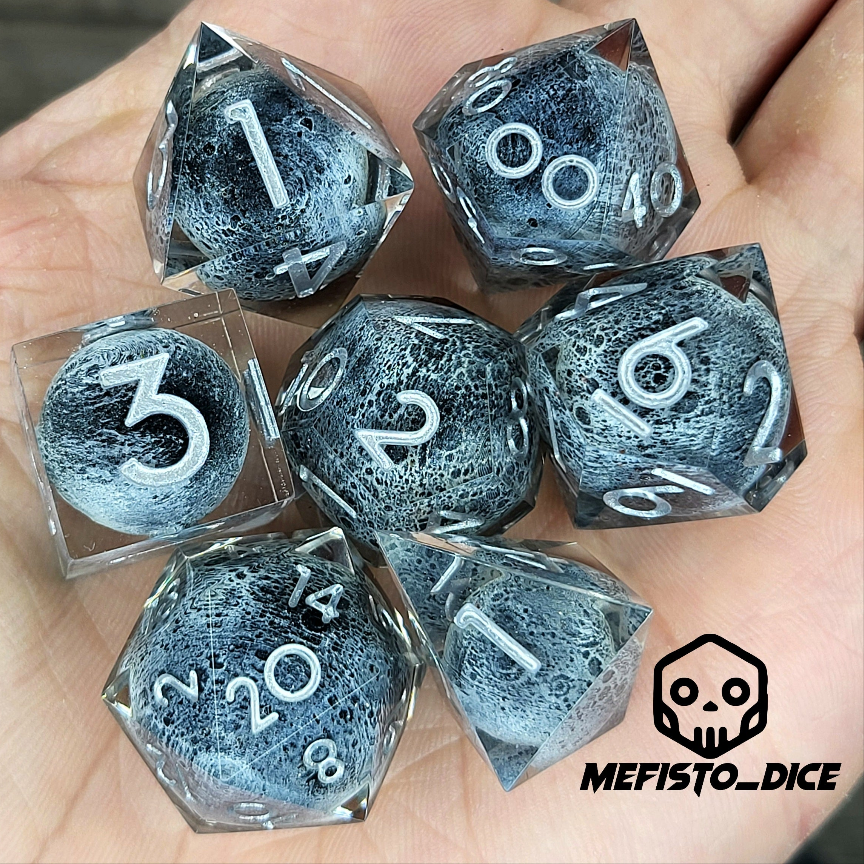 Dice set with moon inside and silver numbers for play dnd , dungeons and dragons