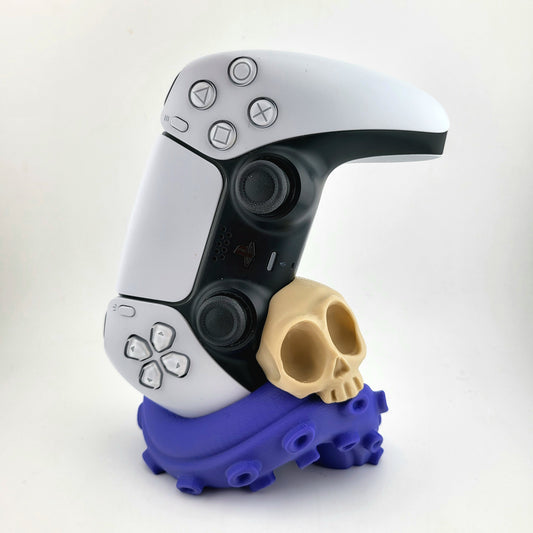 One PS5 controller stand featuring a skull design and purple tentacles, 3D printed  with high-quality PLA.