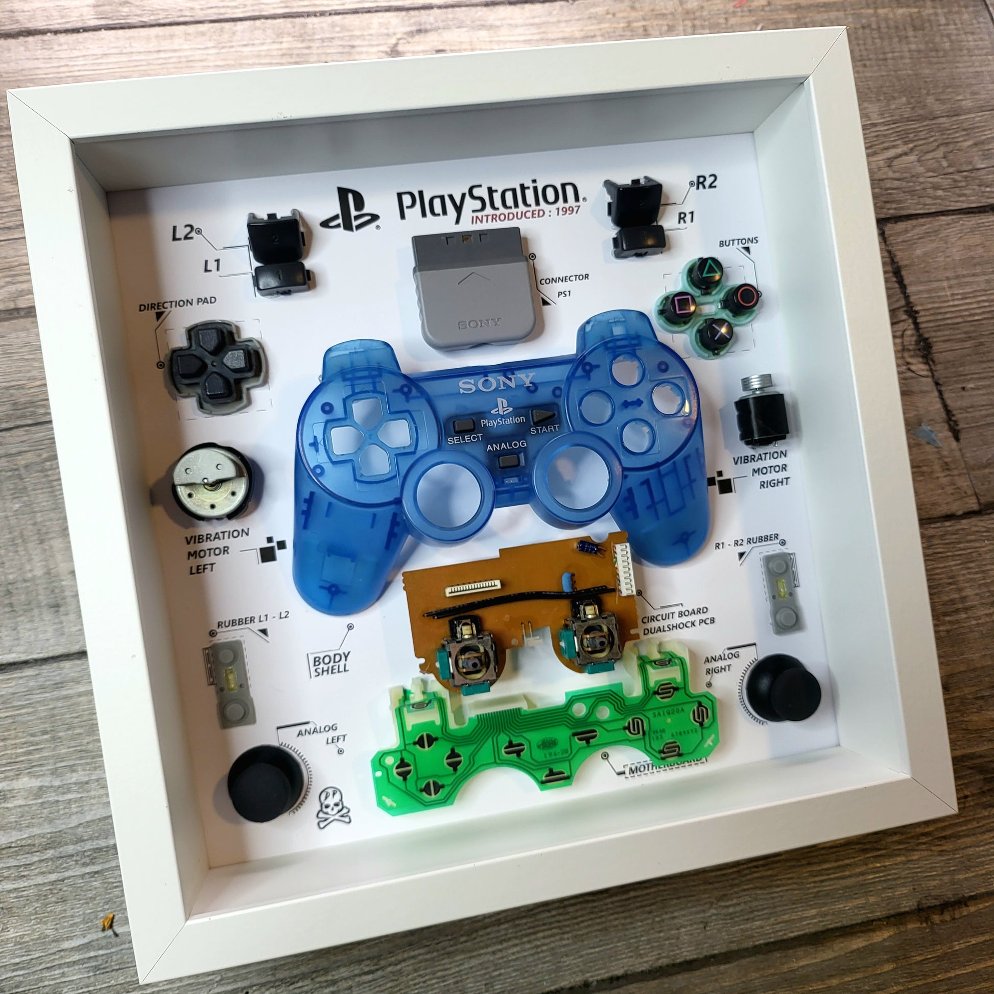 Components of a disassembled controller of PlayStation Ps1 Dualshock in a blue limited edition inside a white frame 27x27 cm with a protective polycarbonate transparent cover on the front