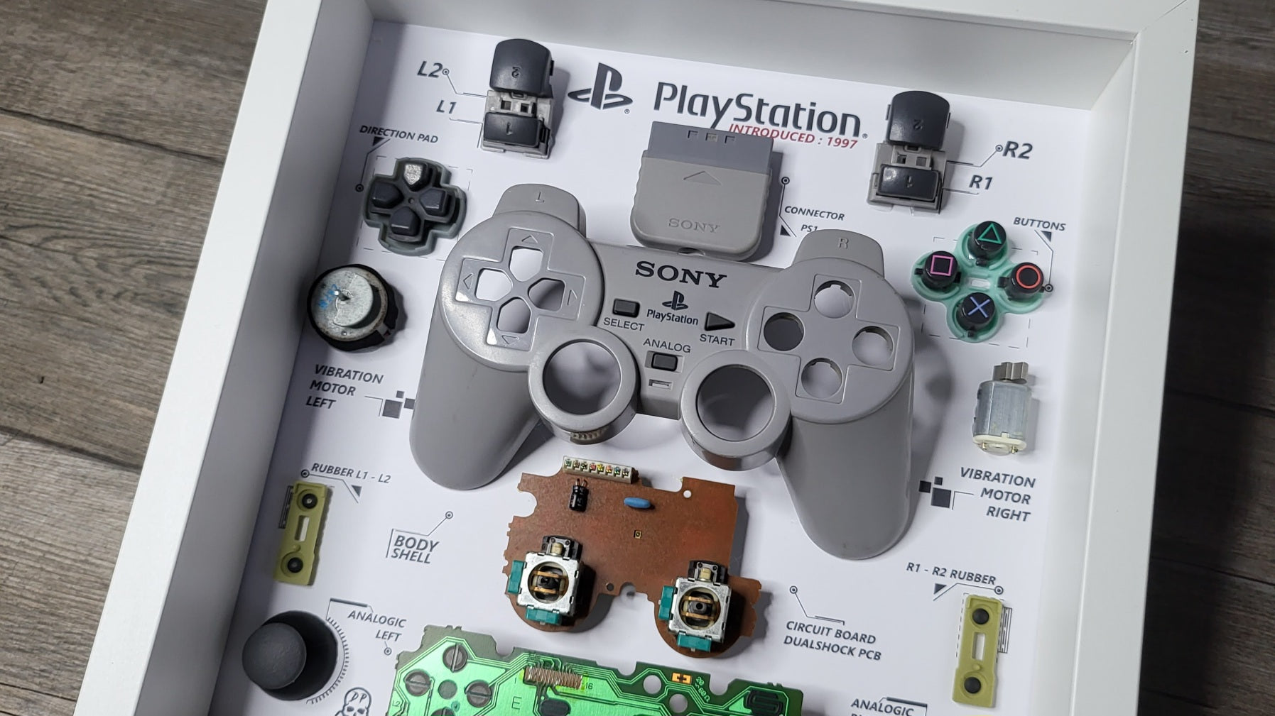 Custom shadow box frame with disassembled playstation controller inside