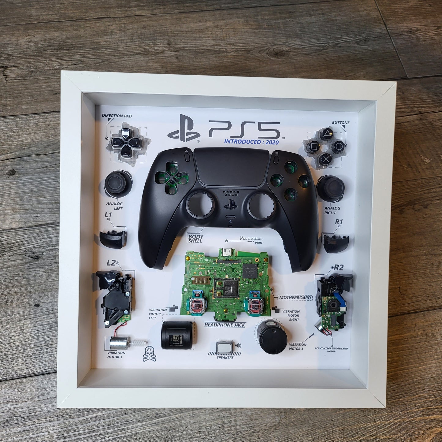 Shadow Box 10x10 with wood frame and polycarbonate glass for wall and Tabletop containing a disassembled controller for Playstation and Nintendo