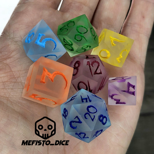 Multicolor frosted resin DnD dice set with matte finish in blue, green, yellow, orange, purple, and red tones