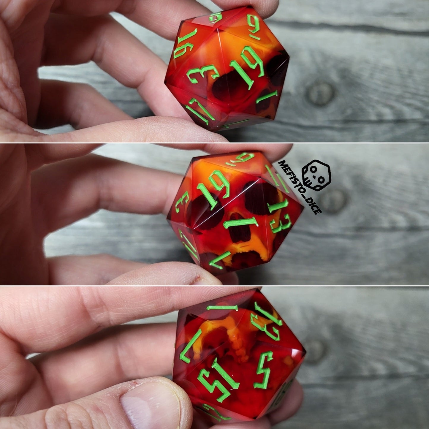 D20 dice in 33 mm format with skull inside for role-playing games for Dungeons and Dragons