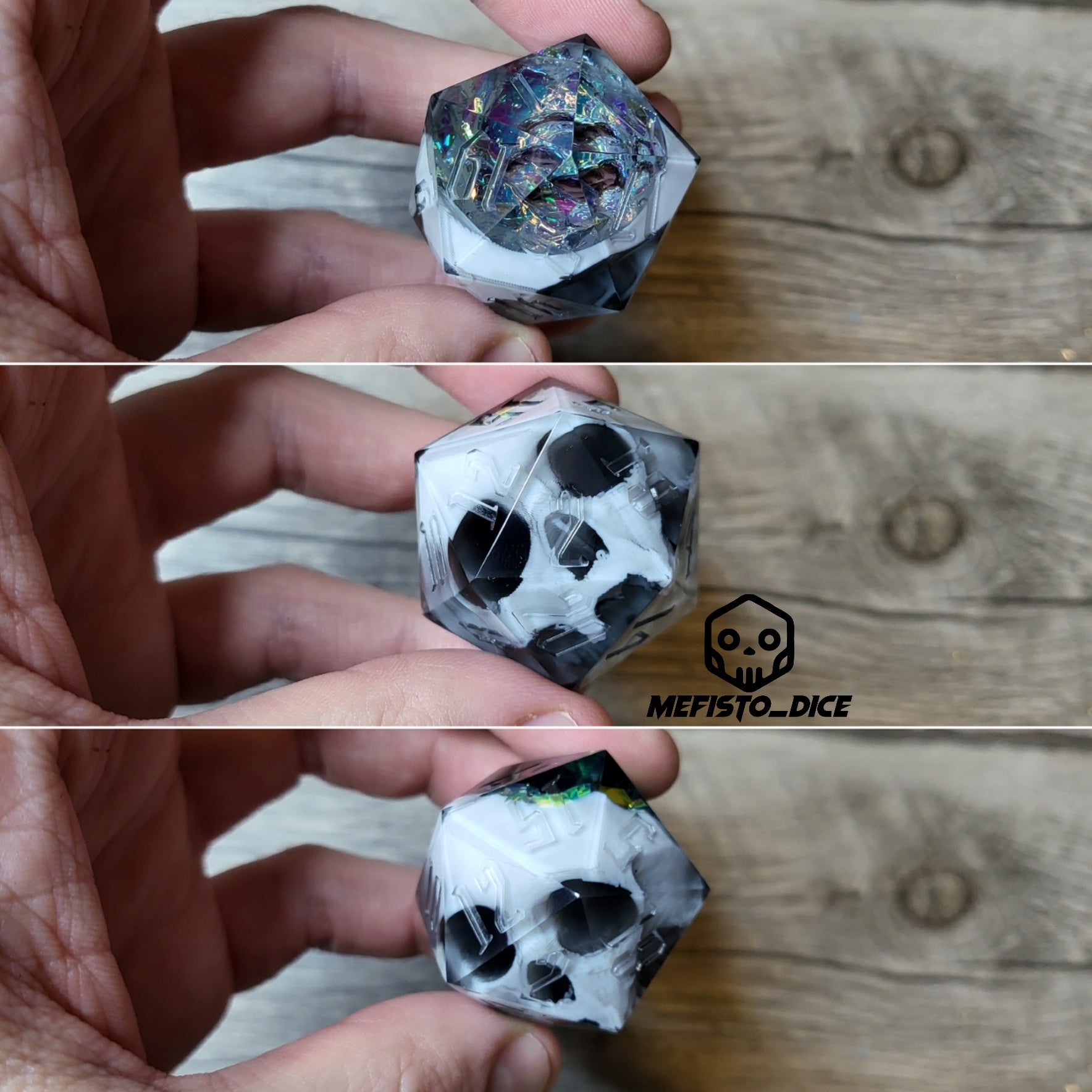 D20 dice in 33 mm format with skull inside for role-playing games for Dungeons and Dragons