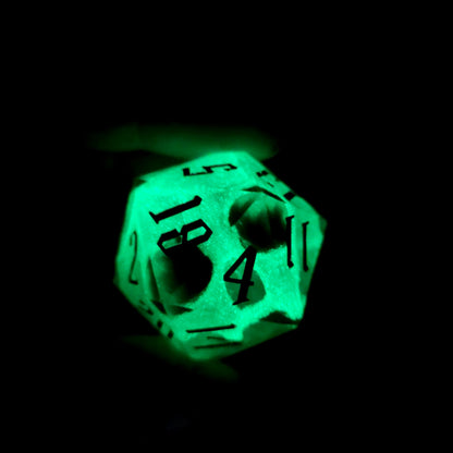 D20 dice in 33 mm format with skull inside for role-playing games for Dungeons and Dragons