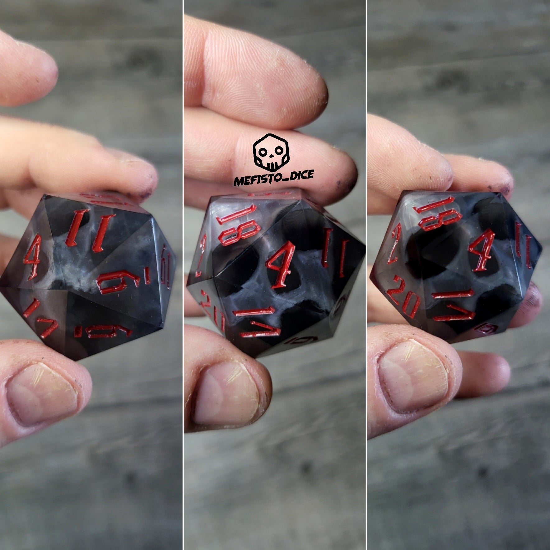 D20 dice in 33 mm format with skull inside for role-playing games for Dungeons and Dragons