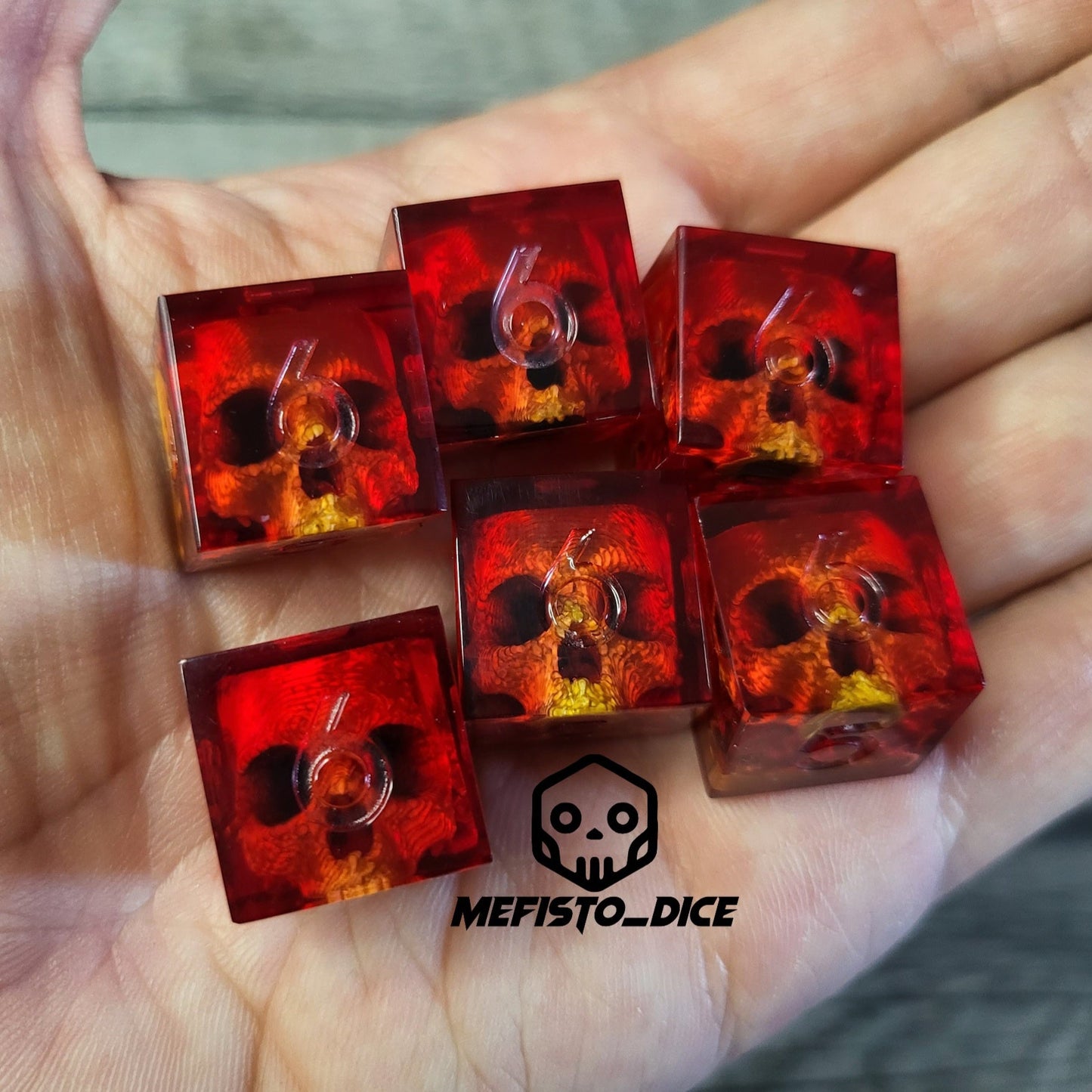 Dice set in D6 format with skull inside for role-playing games for Dungeons and Dragons
