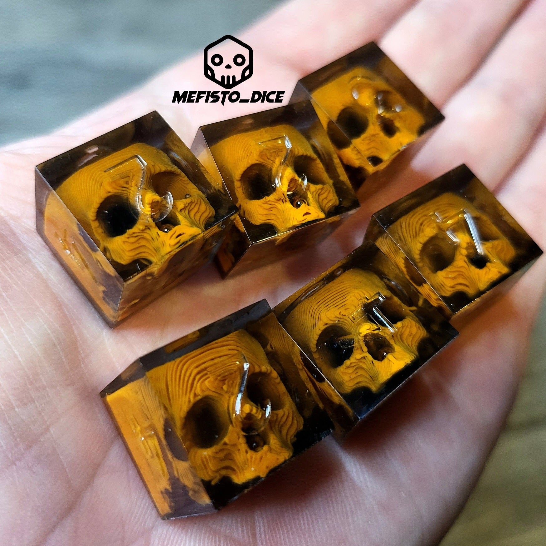 Dice set in D6 format with skull inside for role-playing games for Dungeons and Dragons