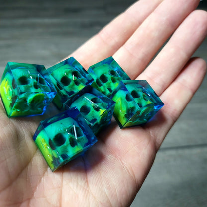 Dice set in D6 format with skull inside for role-playing games for Dungeons and Dragons