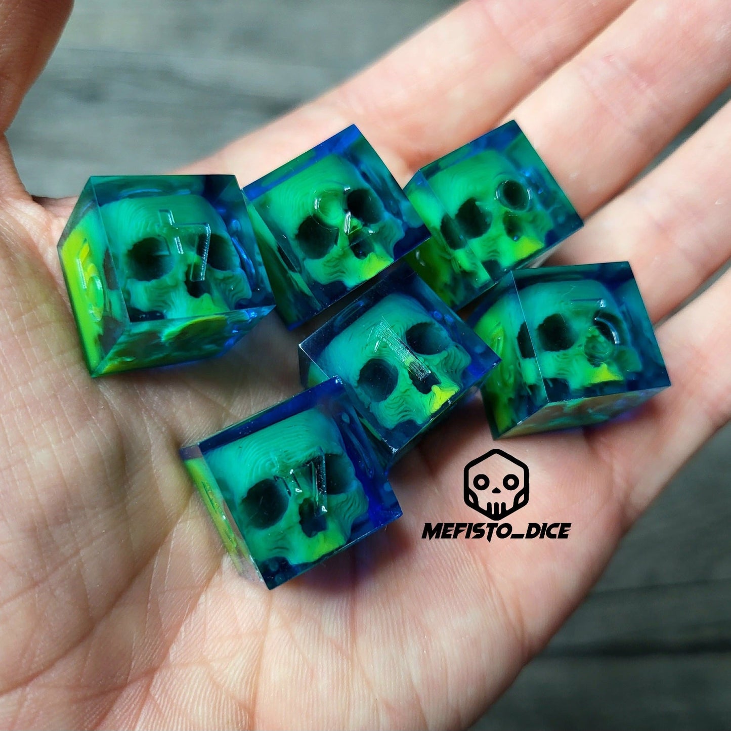 Dice set in D6 format with skull inside for role-playing games for Dungeons and Dragons