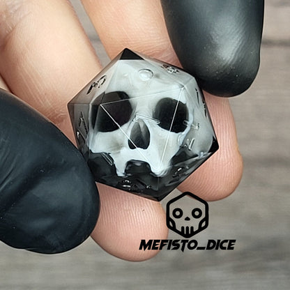 d20 dice for playing Dungeons and Dragons with a white skull and black resin