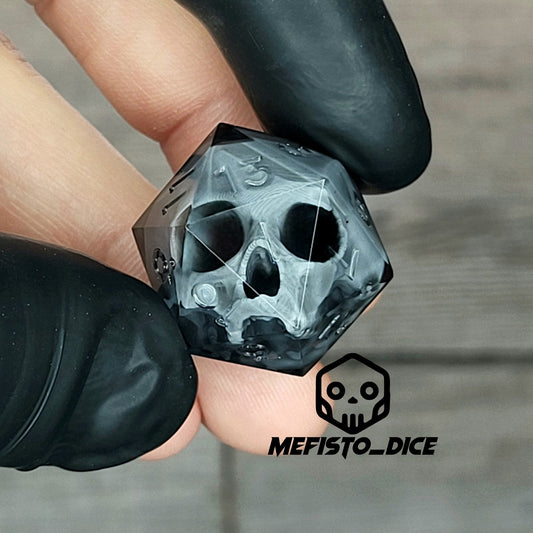 Dice D20 with grey skull inside for role playing for Dungeons and Dragons