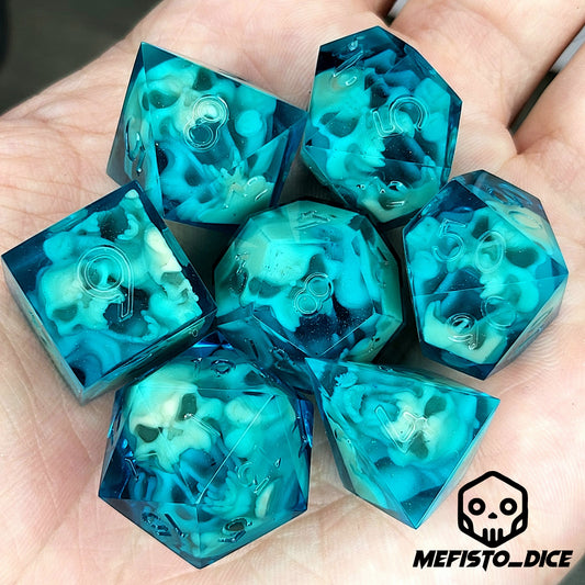 Dice set with light brown spirit inside and blue resin for play dnd , dungeons and dragons