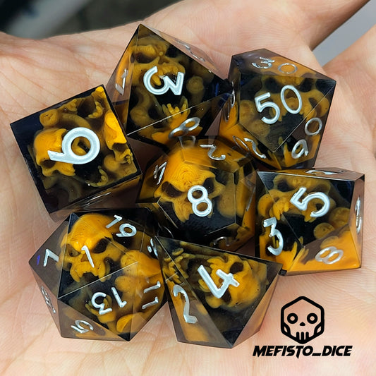 Dice set with orange spirit inside and black resin for play dnd , dungeons and dragons