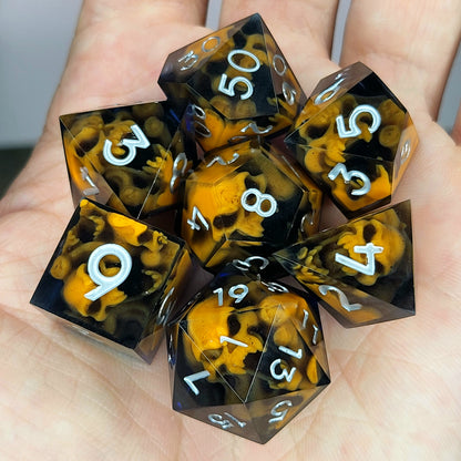 Dice set with orange spirit inside and black resin for play dnd , dungeons and dragons