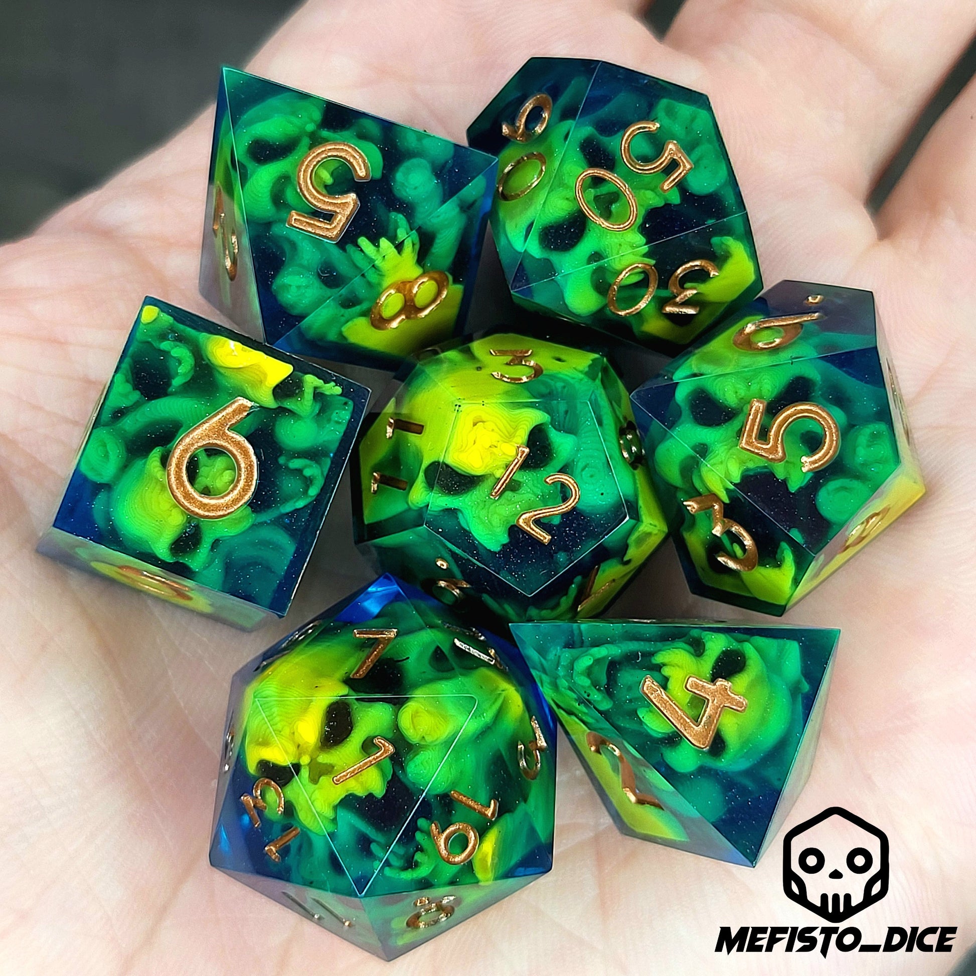 Dice set with yellow spirit inside and blue resin for play dnd , dungeons and dragons