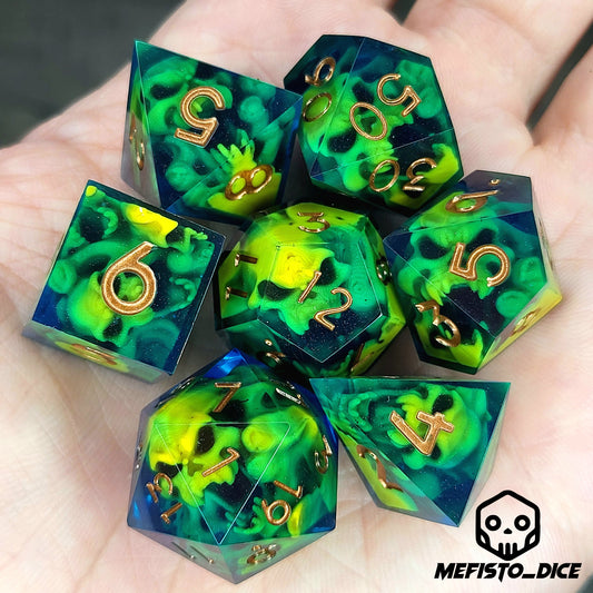 Dice set with yellow spirit inside and blue resin for play dnd , dungeons and dragons