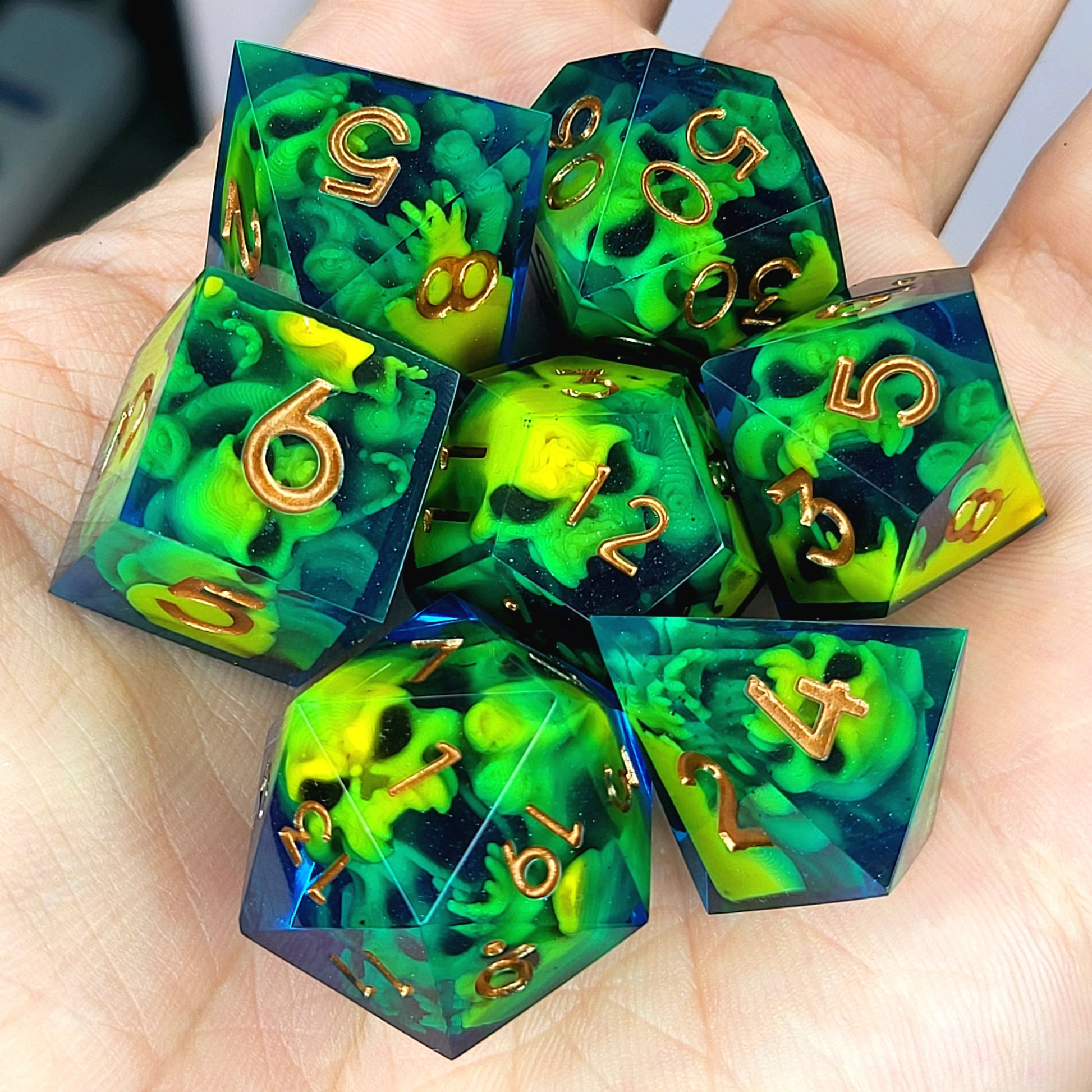 Dice set with yellow spirit inside and blue resin for play dnd , dungeons and dragons
