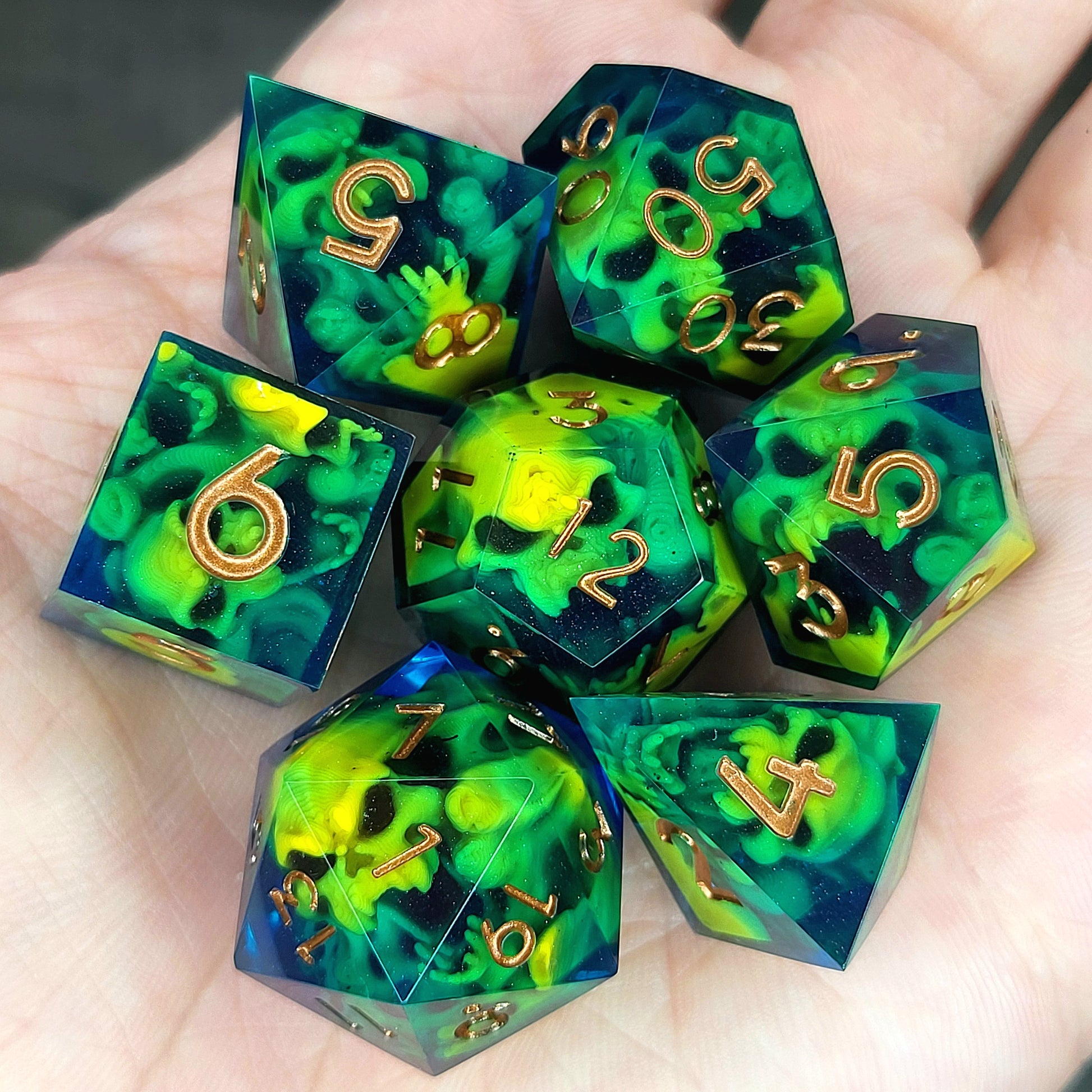Dice set with yellow spirit inside and blue resin for play dnd , dungeons and dragons