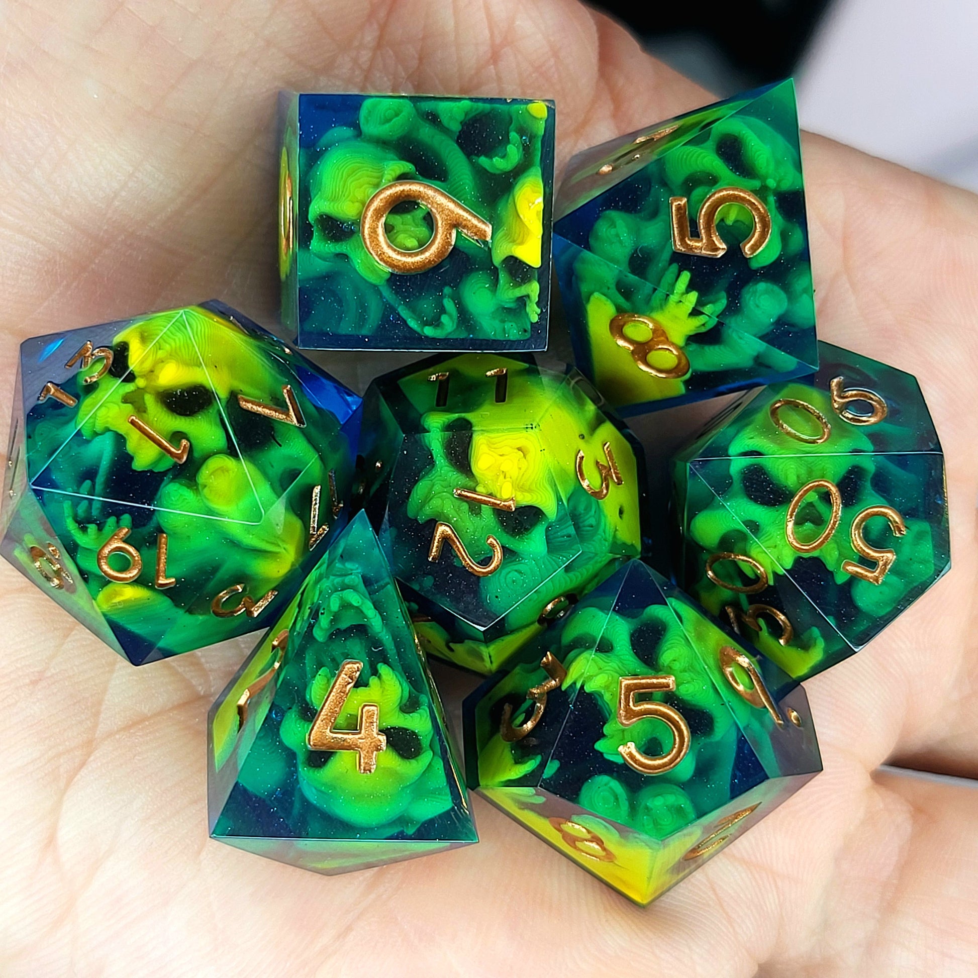 Dice set with yellow spirit inside and blue resin for play dnd , dungeons and dragons