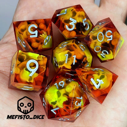 Dice set with green spirit inside and silver numbers for play dnd , dungeons and dragons