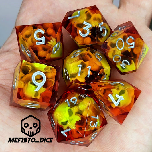 Dice set with green spirit inside and silver numbers for play dnd , dungeons and dragons