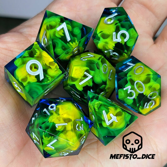 Dice set with yellow spirit inside and silver numbers for play dnd , dungeons and dragons