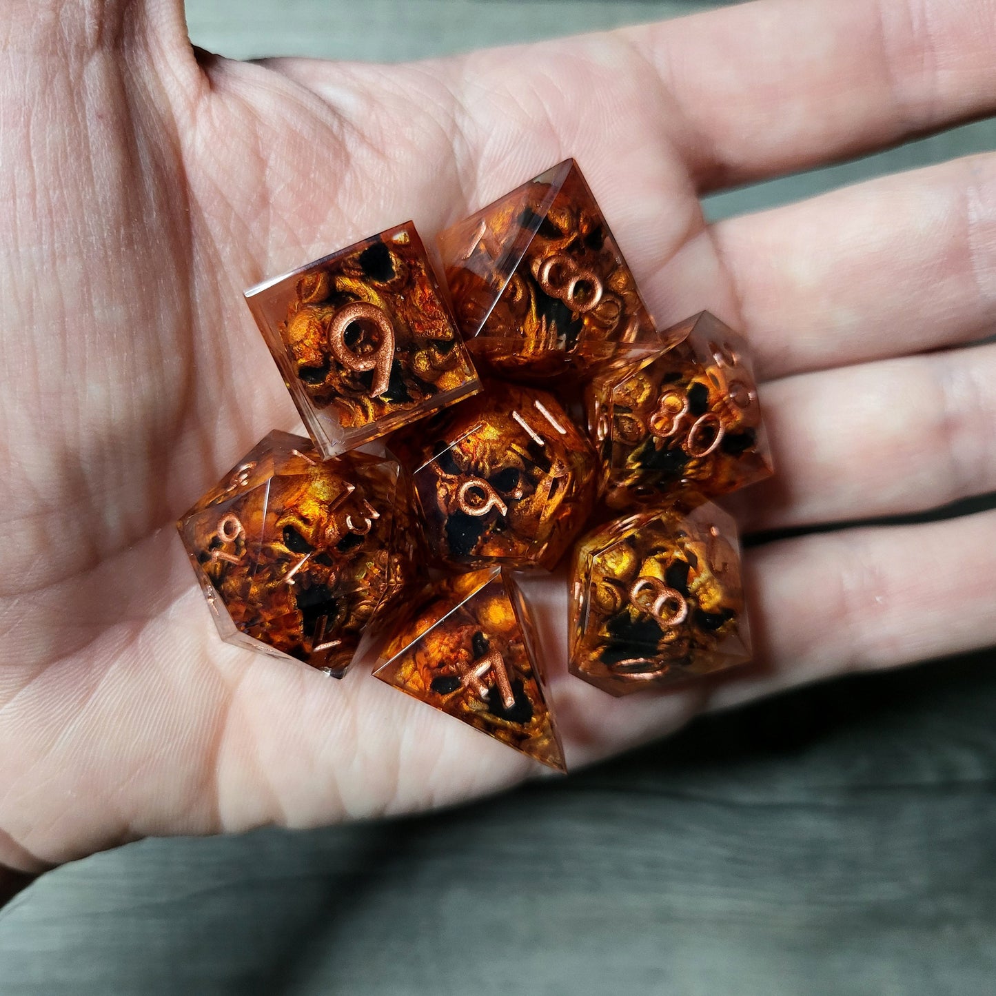 Dice set with 7 pieces with skull inside in spirit theme for role-playing games for Dungeons and Dragons