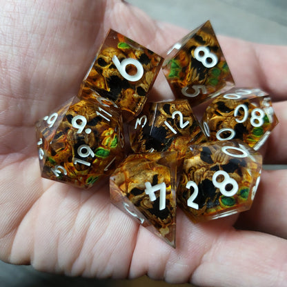 Dice set with 7 pieces with skull inside in spirit theme for role-playing games for Dungeons and Dragons