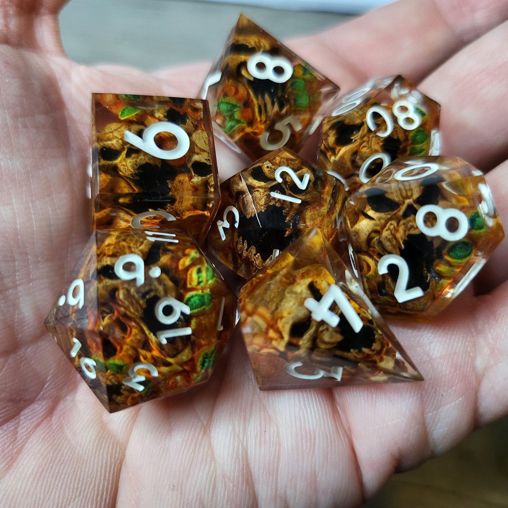 Dice set with 7 pieces with skull inside in spirit theme for role-playing games for Dungeons and Dragons