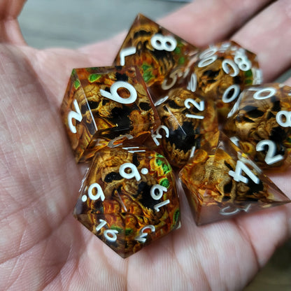 Dice set with 7 pieces with skull inside in spirit theme for role-playing games for Dungeons and Dragons