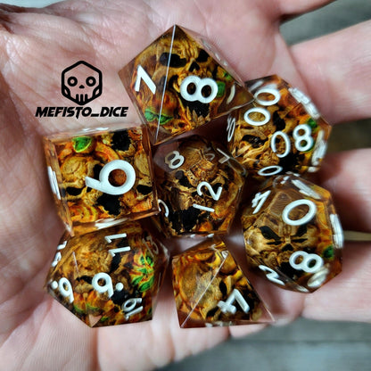 Dice set with 7 pieces with skull inside in spirit theme for role-playing games for Dungeons and Dragons