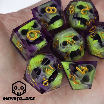 Close-up of purple resin dice with acid-green undead zombie skulls and gold numbers, handcrafted by Mefisto_Dice