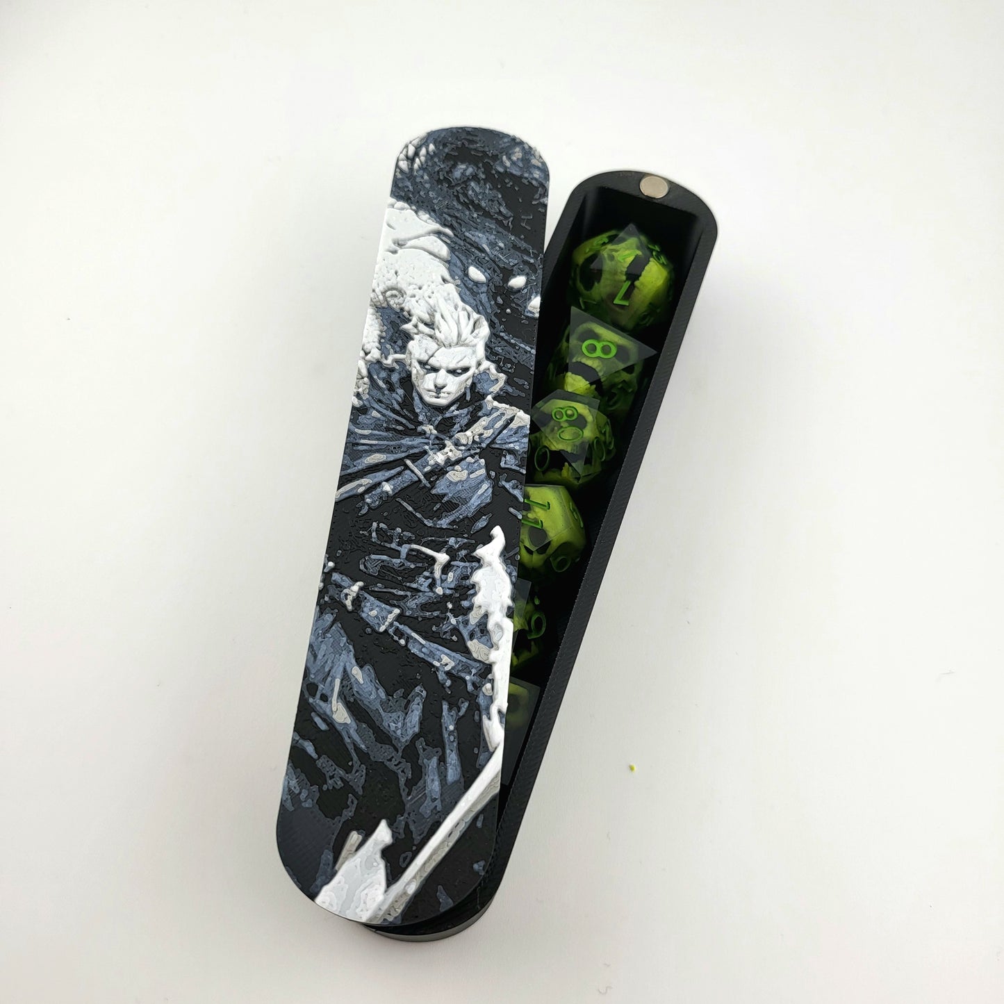 Magnetic D&D dice box featuring a dark fantasy warlock illustration