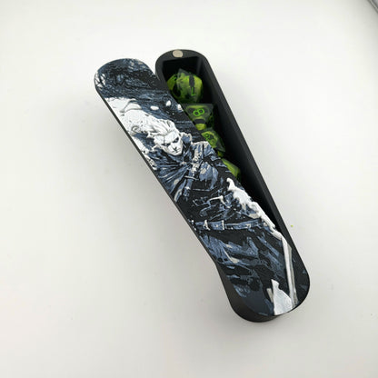 Magnetic D&D dice box featuring a dark fantasy warlock illustration