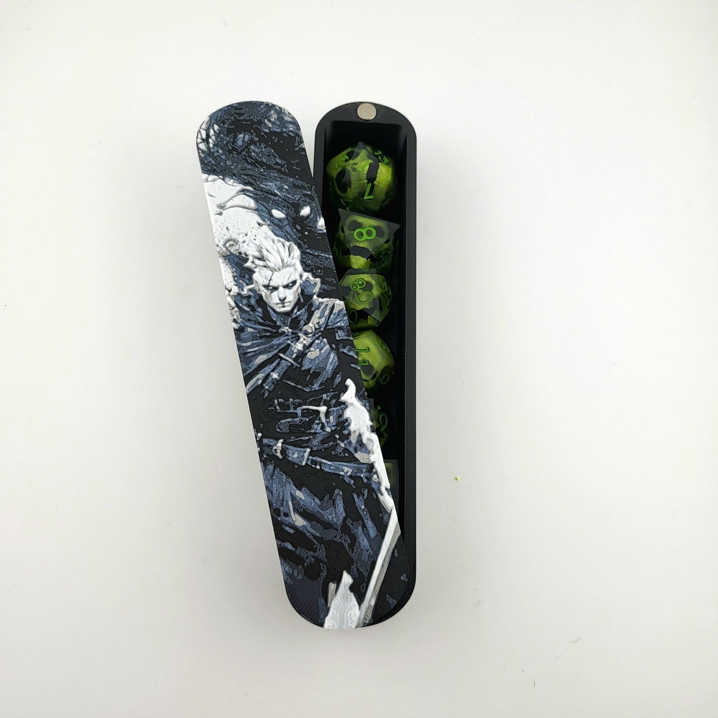 Magnetic D&D dice box featuring a dark fantasy warlock illustration