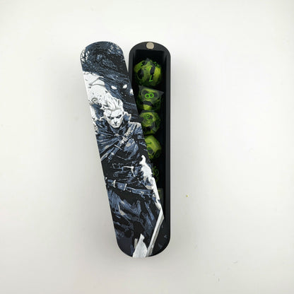 Magnetic D&D dice box featuring a dark fantasy warlock illustration