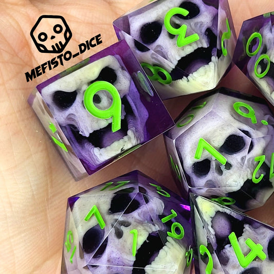 Purple resin DnD dice set with bone-colored zombie skulls inside and bright green numbers