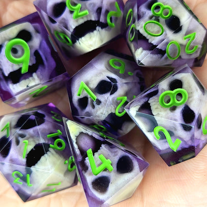 Purple resin DnD dice set with bone-colored zombie skulls inside and bright green numbers