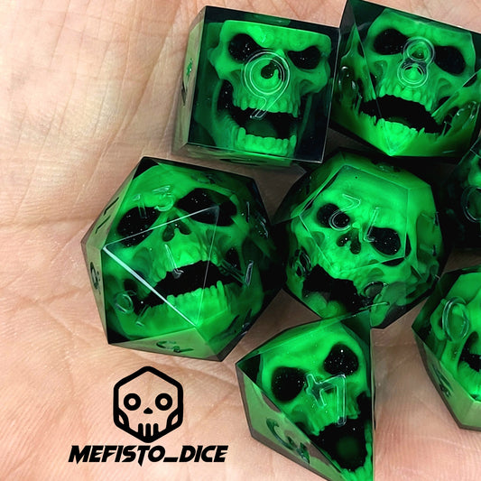 Black resin DnD dice set with bright green zombie skulls inside