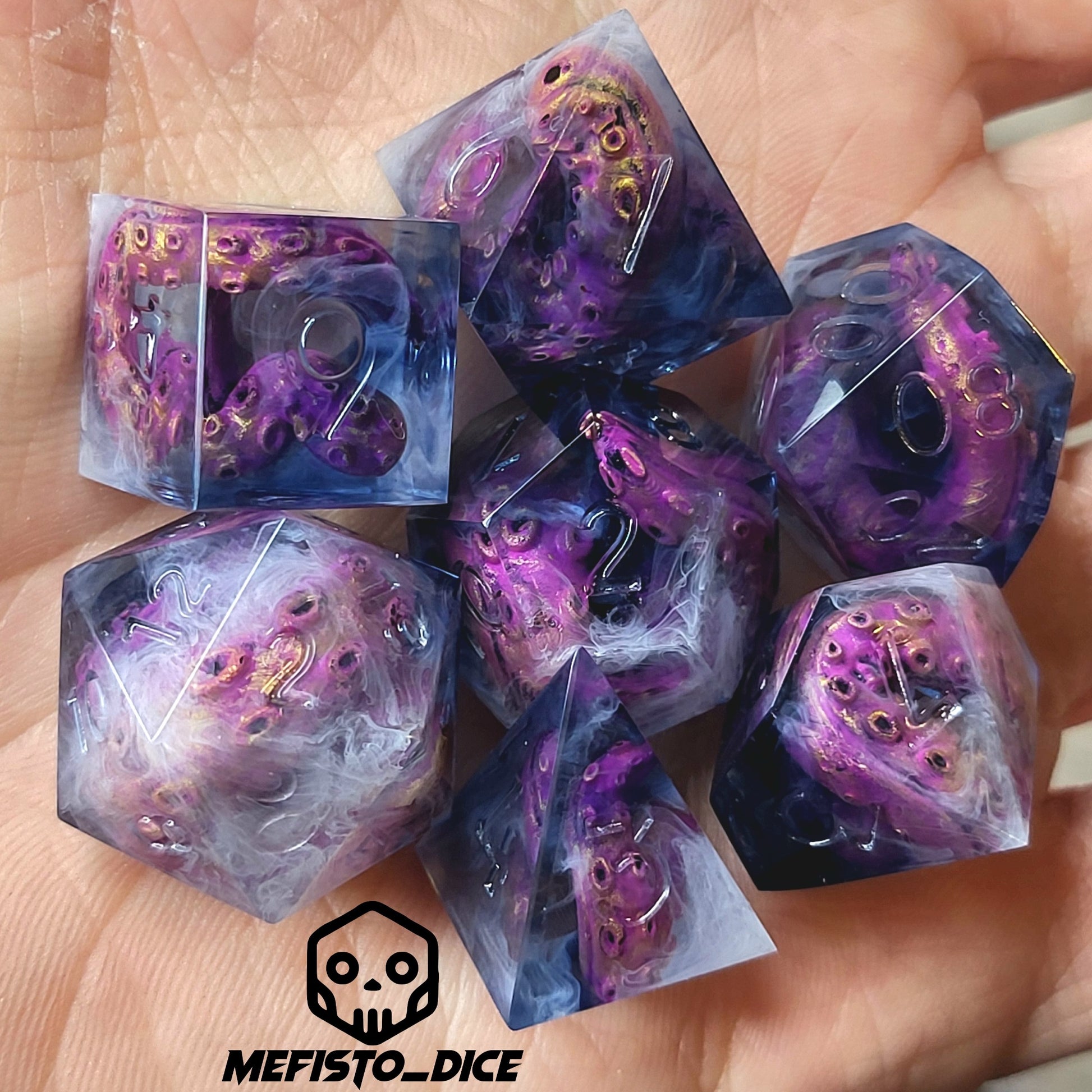 Dice set with white tentacles inside and for play dnd , dungeons and dragons and Call of Cthulhu