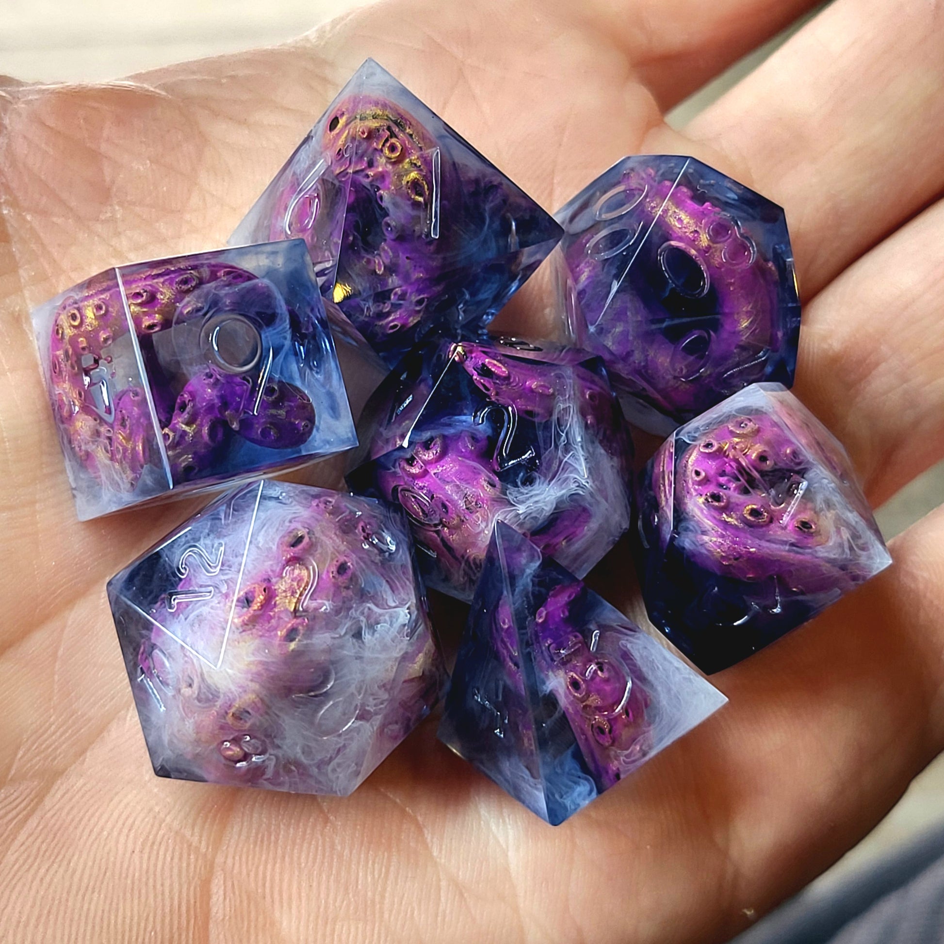 Dice set with white tentacles inside and for play dnd , dungeons and dragons and Call of Cthulhu