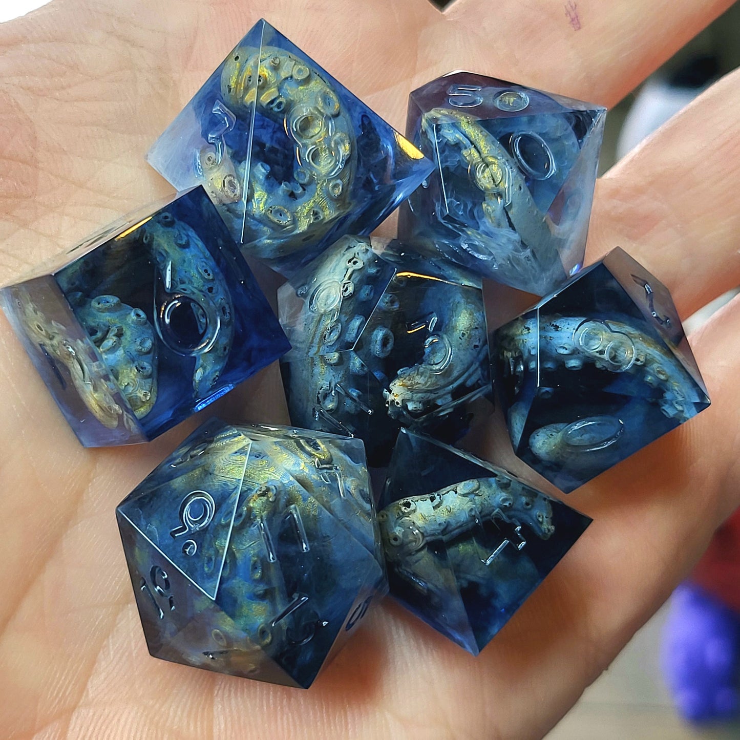 Dice set with white tentacles inside and for play dnd , dungeons and dragons and Call of Cthulhu