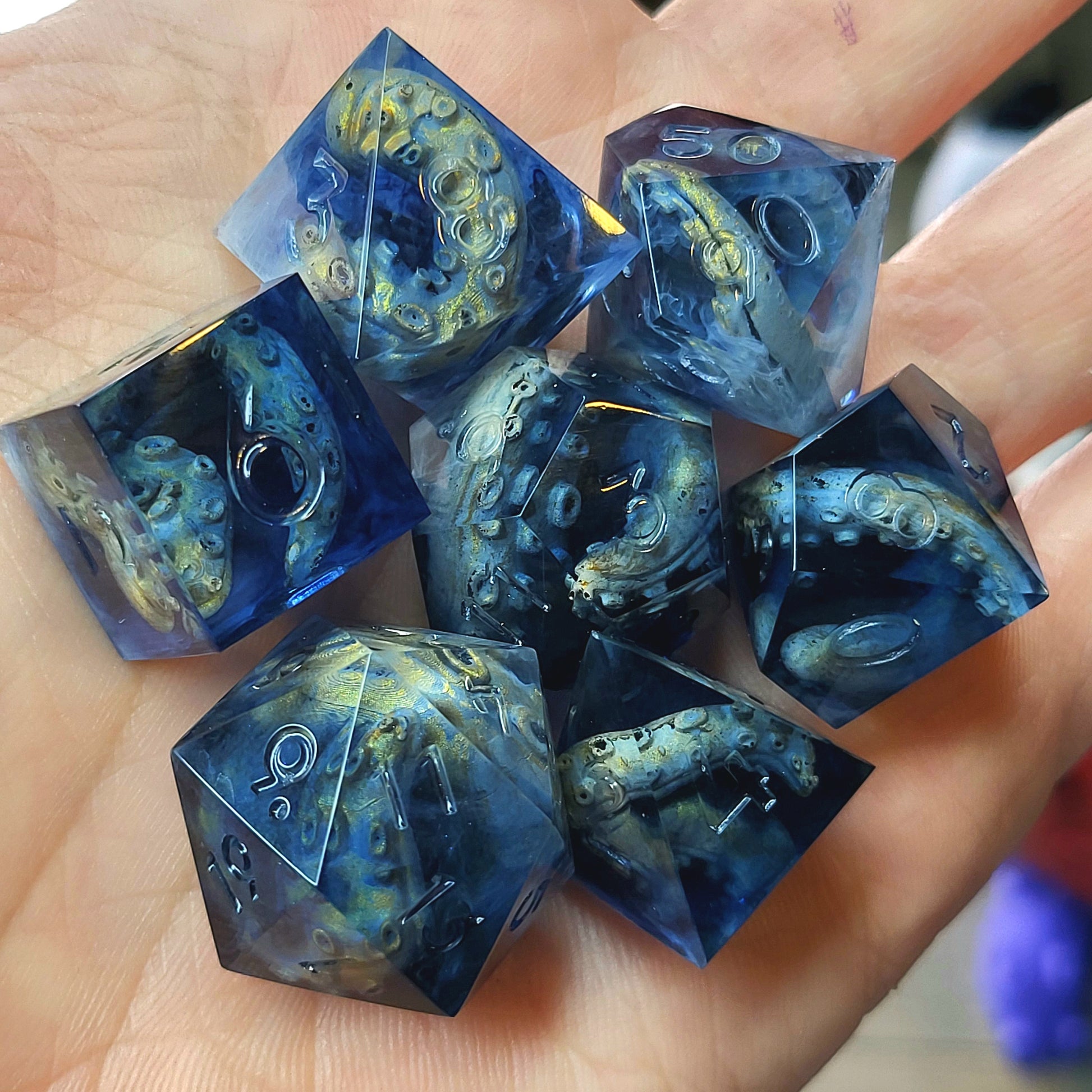 Dice set with white tentacles inside and for play dnd , dungeons and dragons and Call of Cthulhu