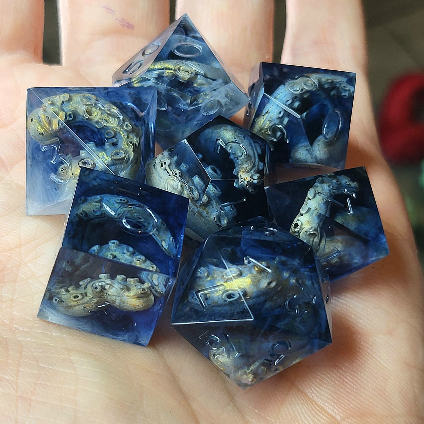 Dice set with white tentacles inside and for play dnd , dungeons and dragons and Call of Cthulhu