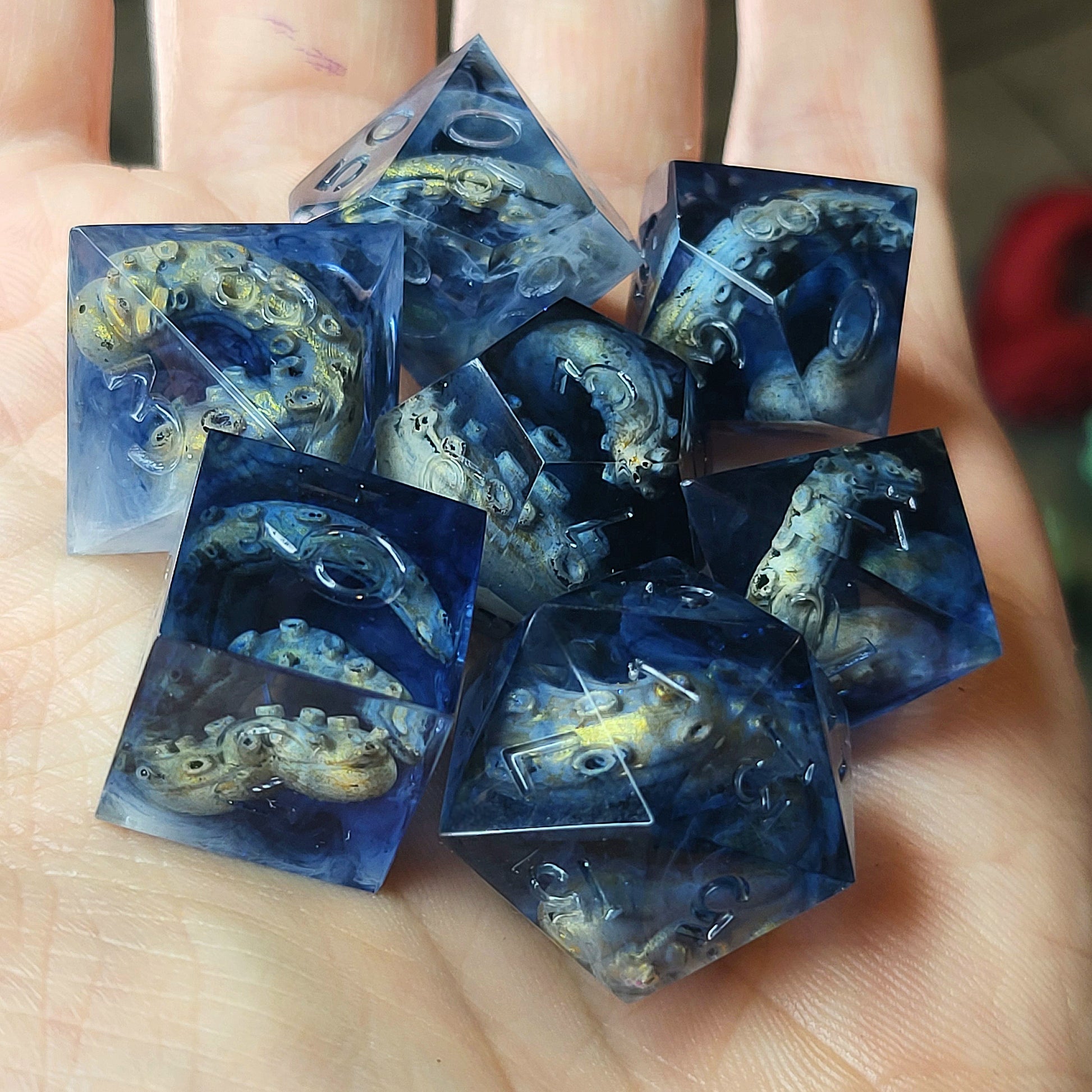 Dice set with white tentacles inside and for play dnd , dungeons and dragons and Call of Cthulhu
