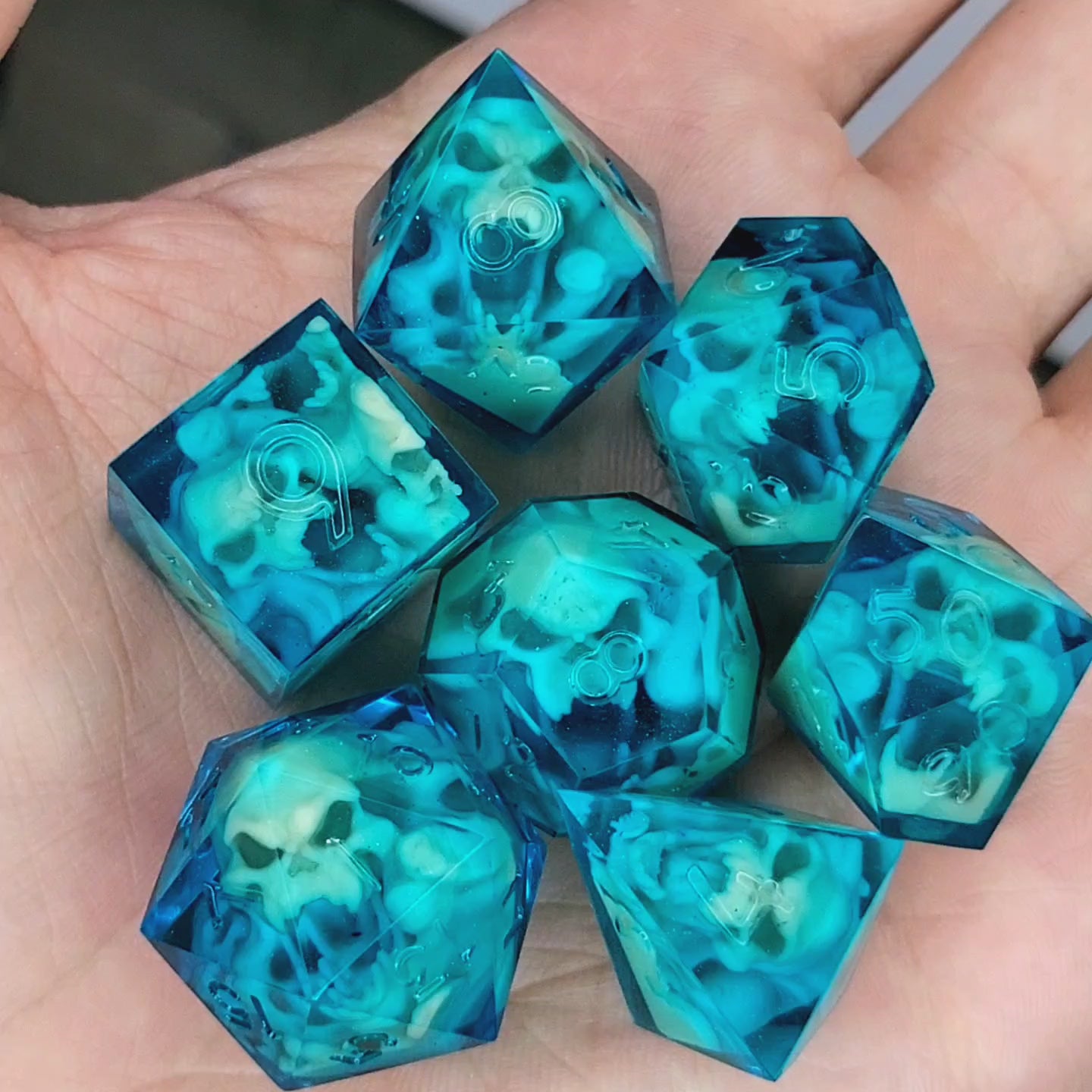Dice set with light brown spirit inside and blue resin for play dnd , dungeons and dragons
